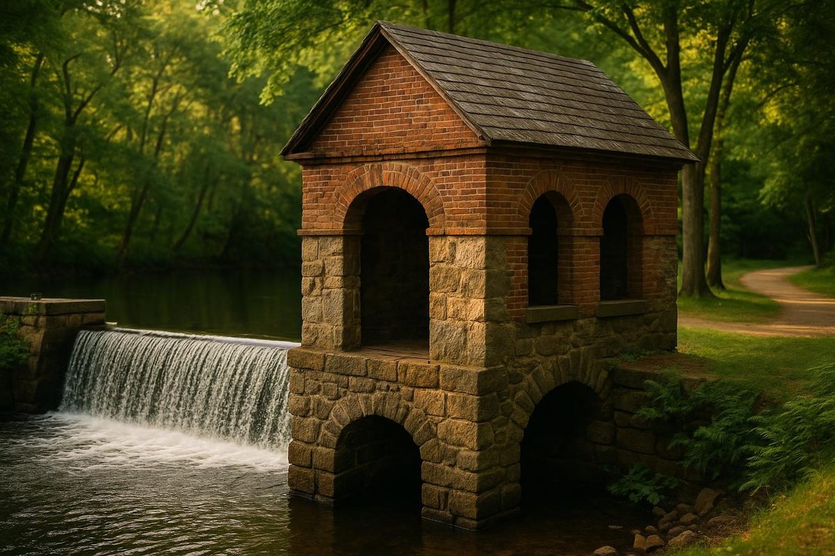 The Mine Falls Gatehouse beside a dam in Nashua, NH surrounded by lush parkland