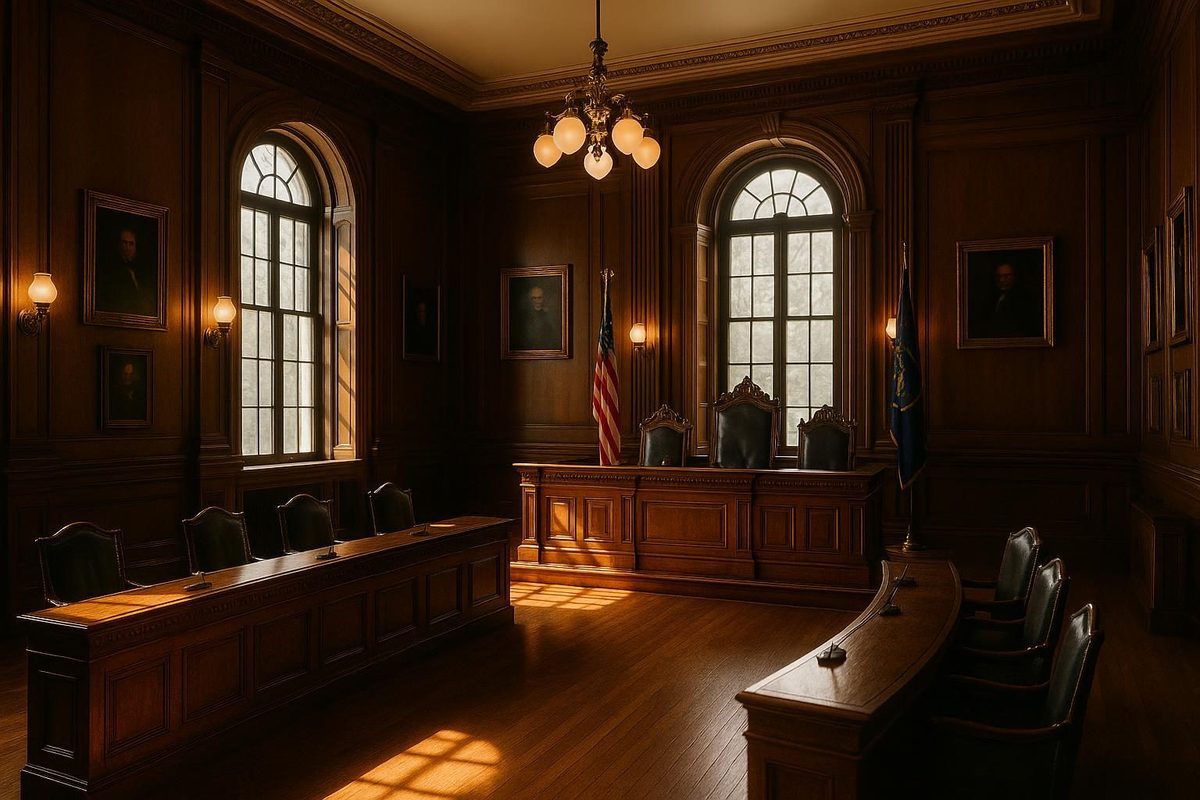 Grand wood-paneled city hall council chamber with portraits of former Nashua mayors