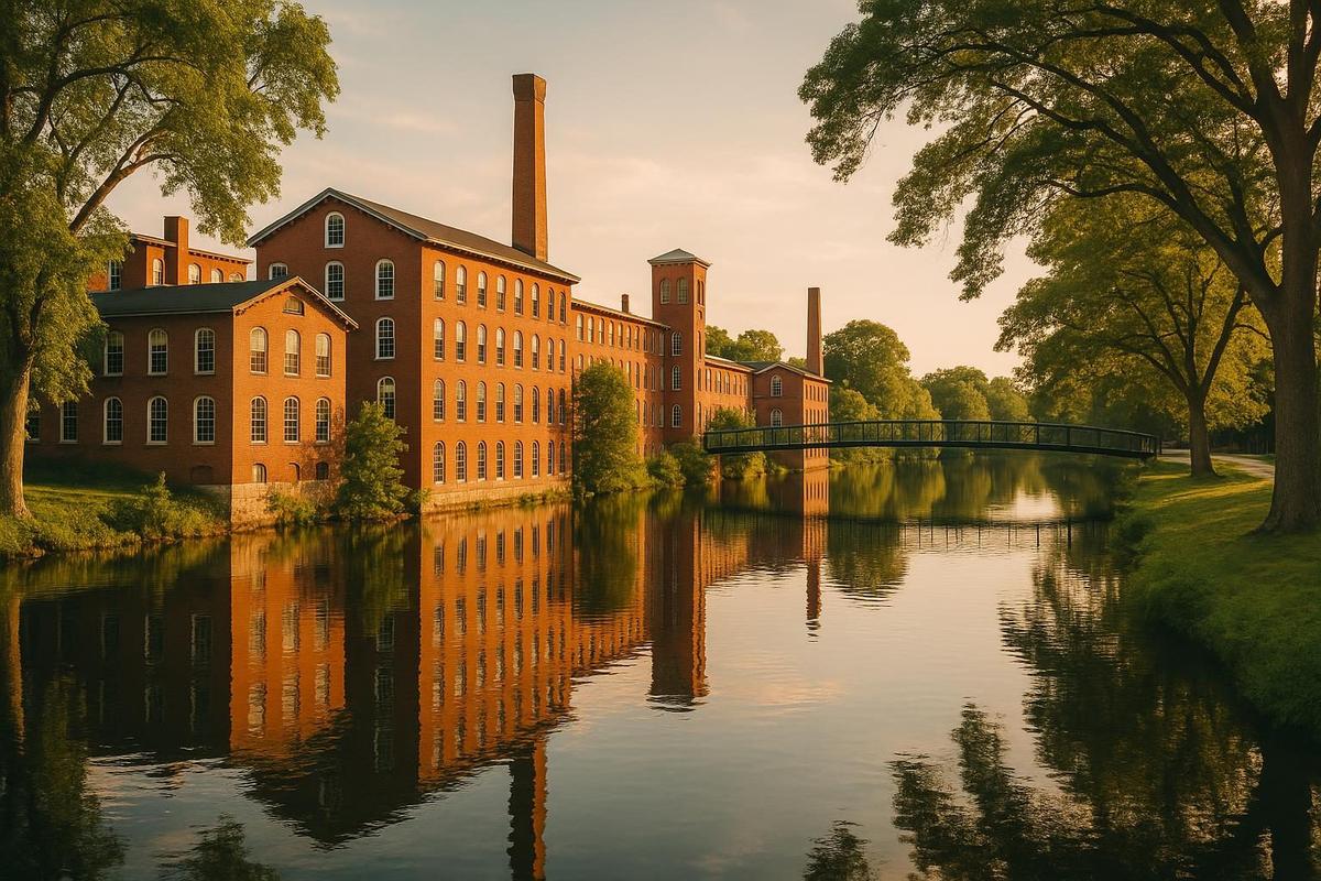 Historic red brick mill buildings along the Nashua River in New Hampshire