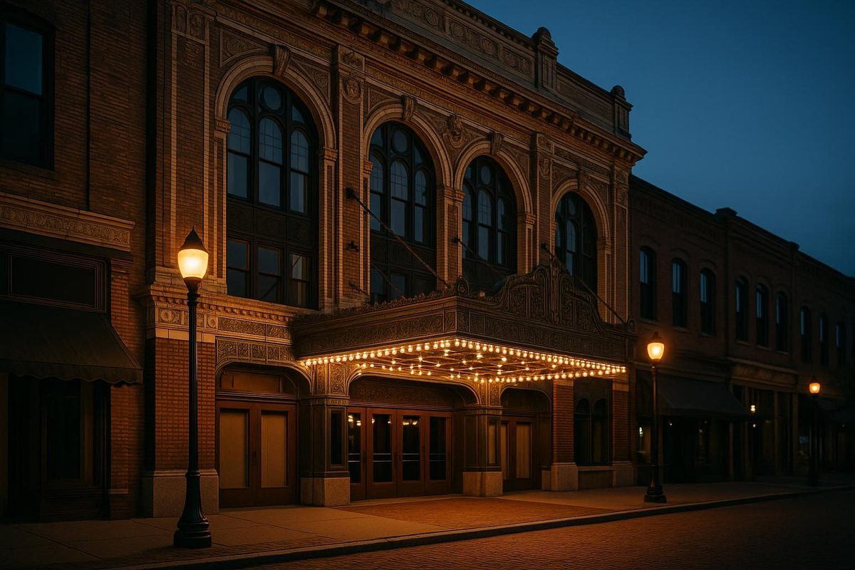 Ornate historic theater facade illuminated at twilight in downtown Nashua, New Hampshire