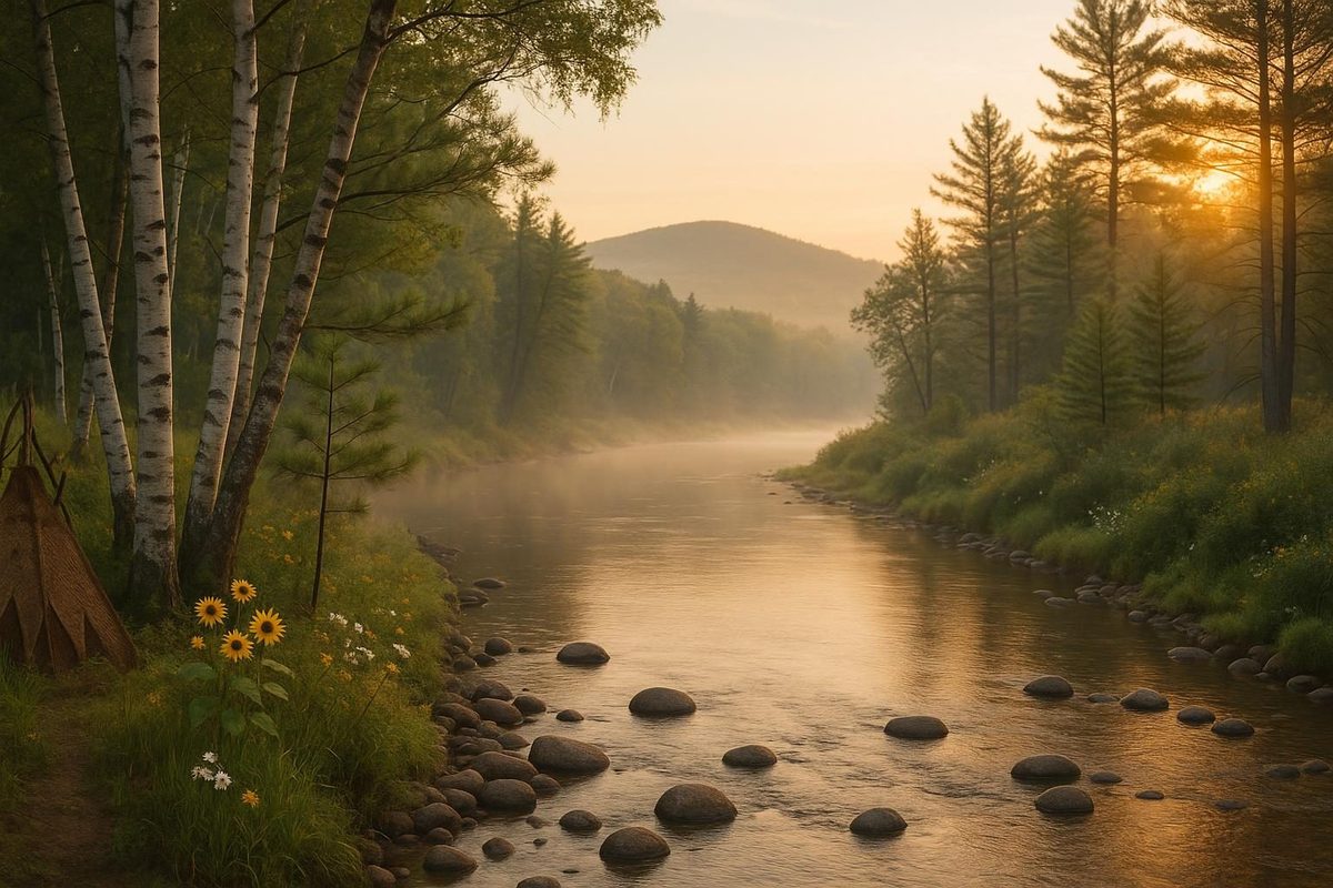 Nashua name origin reflected in morning mist rising from the river with birch trees and New Hampshire hills