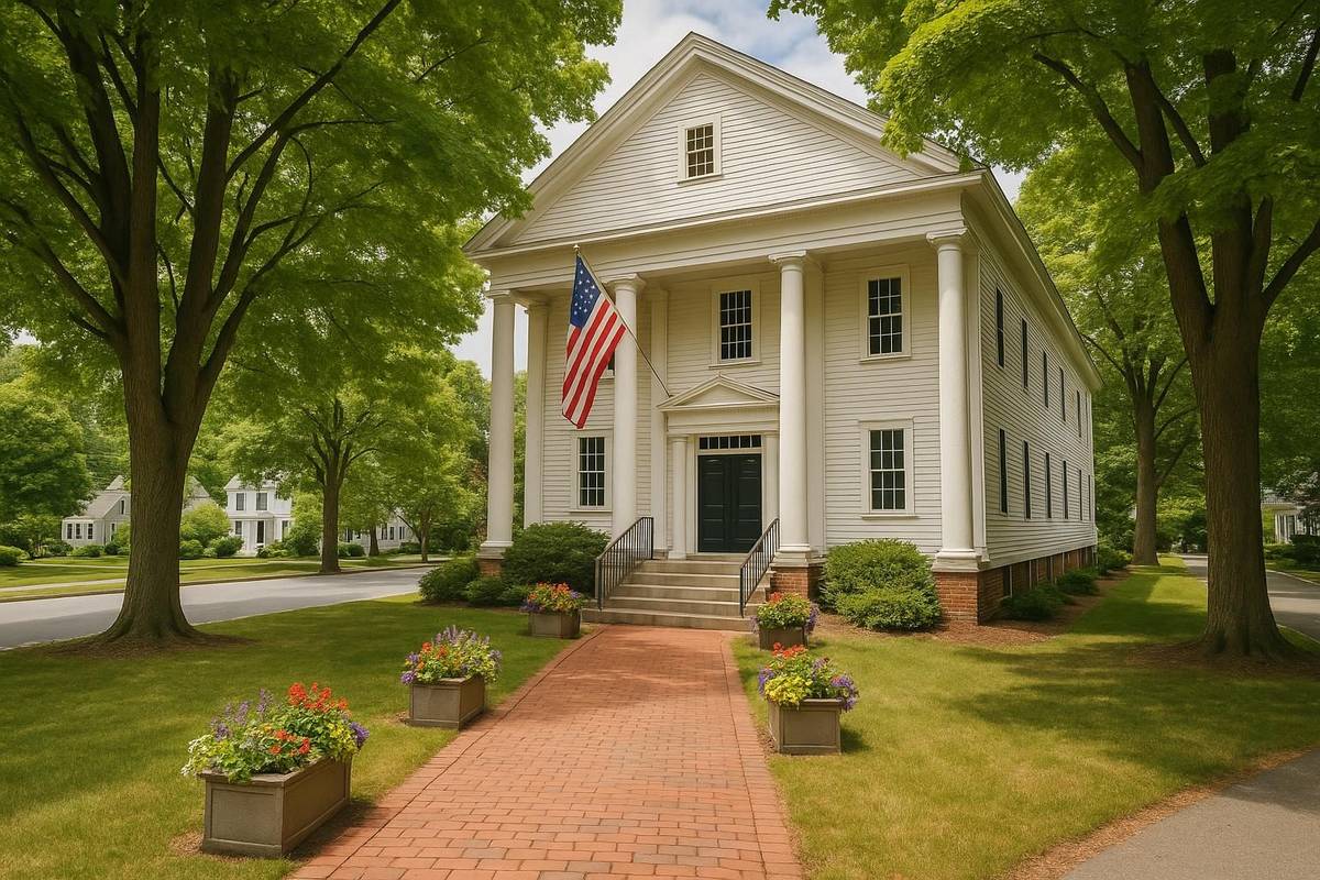 Classic New England town hall building in Nashua, New Hampshire